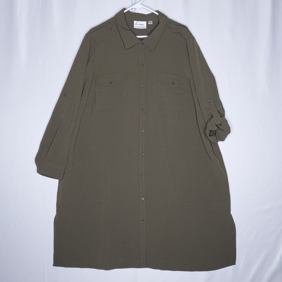 Linea Louis Dell Olio Tunic Top 3X Army Green Button Collar Pockets Roll Tab - Picture 1 of 9